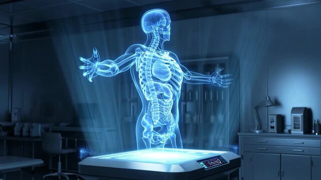 Futuristic Medical Scan: Holographic Human Body Anatomy Display in Advanced Laboratory Setting