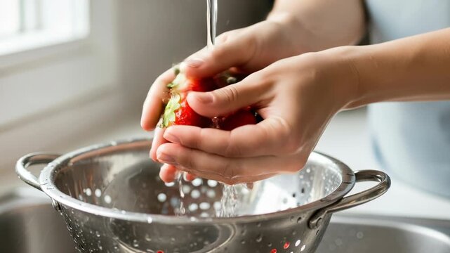 Person rinses strawberries in a colander while water flows from the tap in a kitchen with natural light
