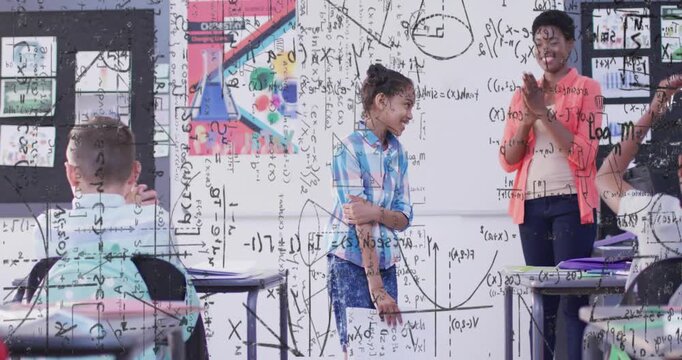 Girl stepping with paper, gaining ease presenting math, formulas overlaying while teacher clapping