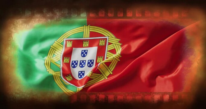 Playback starting, Portugal flag rippling, shield bulging and folding, filmstrip evoking history