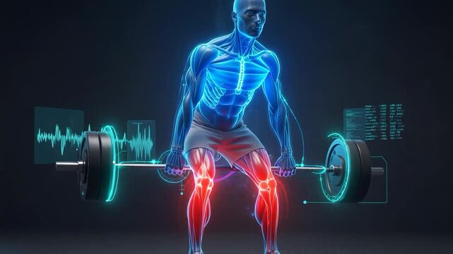 Futuristic Human Anatomy Squatting with Barbell and Biometric Data Display