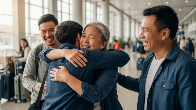 Asian woman embracing young asian man returning home at airport with smiling asian man nearby, showing family reunion and happy travel