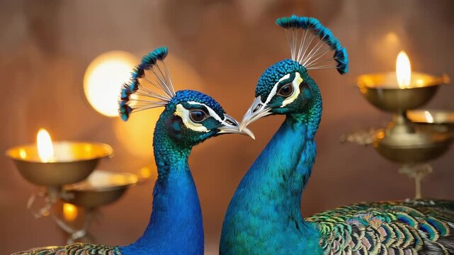 Two beautiful peacocks displaying vibrant blue and green feathers close up with soft bokeh lights and diya lamps in background