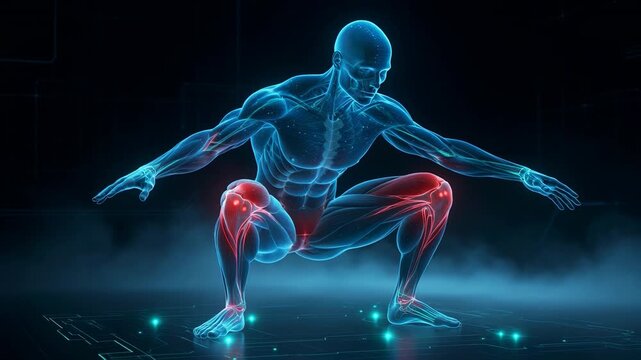 Digital Human Musculoskeletal System with Red Pain Points in Dynamic Squat Pose, Medical 3D Render