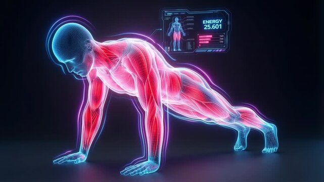 Futuristic Holographic Man Performing Push-Up with Energy Data Interface