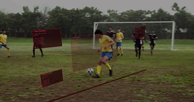 Adult attacker in yellow chasing flank cross, advancing into box trying to score with red guideline