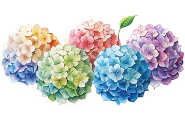 Fototapeta premium Watercolor Illustration of Colorful Hydrangea Flowers in Full Bloom on White Background