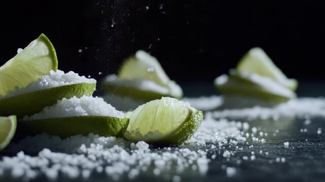 A close-up shot of limes and salt on a table, perfect for use in recipes or as a decorative accent