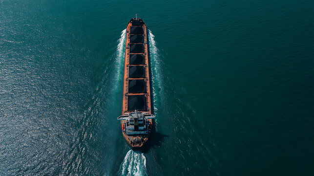 Aerial view of a large bulk carrier ship loaded with cargo travers deep blue sea, creating white wake. Global trade and maritime transport concept