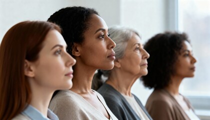 Obraz premium Profile view of diverse women of different ages and ethnicities looking forward. Multiethnic group of females symbolizing unity and strength. International Women's Day and inclusion concept