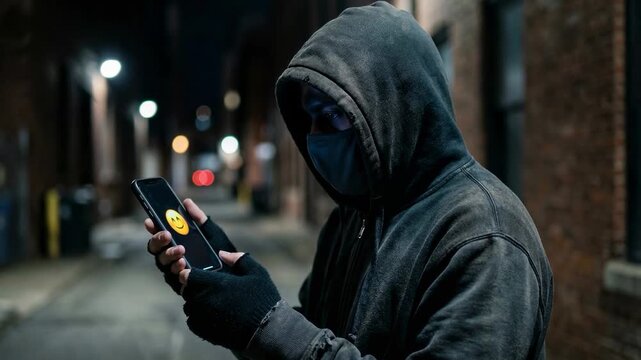 Anonymous Person in Hoodie and Mask Using Smartphone with Happy Emoji at Night