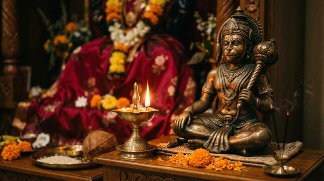 Hanuman Statue with Lit Diya for Sankat Mochan Hanuman Jayanti Celebration and Hindu Religious Festival