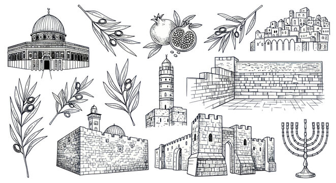 Jerusalem Landmarks Sketch: Dome of the Rock, Western Wall, Menorah, Olive Branches