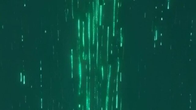 Futuristic digital rain of glowing neon green numbers slowly cascades downwards in deep, dark space, representing a cyber data stream, 4K resolution, dynamic motion with subtle camera drift.