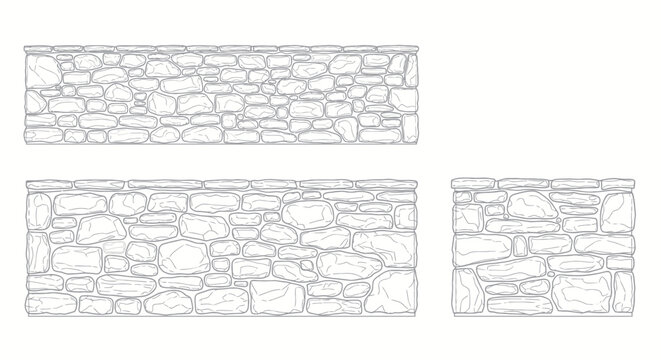 Stone Wall Sections, Rustic Dry Stack Construction, Architectural Element, Line Art