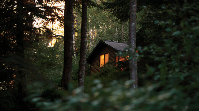 Rustic wooden cabin nestled in a dense, lush forest with warm light glowing from windows at twilight, evoking a cozy, secluded atmosphere