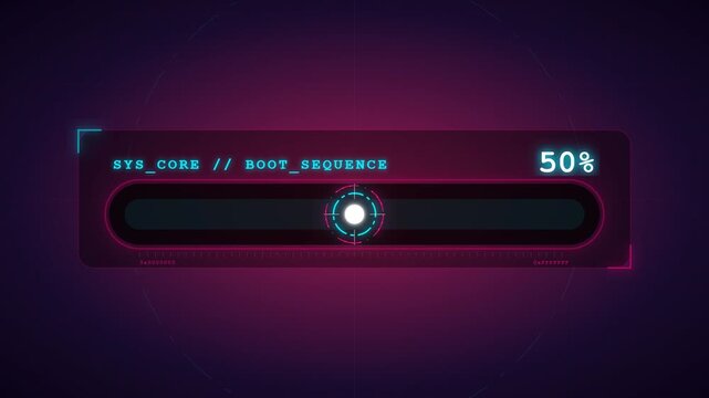 A sleek, modern digital interface displays a system core boot sequence. The neon progress bar animates smoothly, showing data loading and