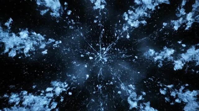 Abstract blue snowflake pattern with sparkling particles on black background.