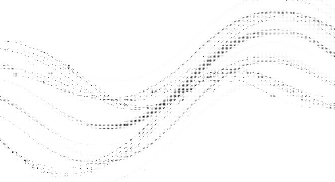 Abstract wavy stream halftone design concept with black dots texture and flowing liquid motion effect on a white background layer.
