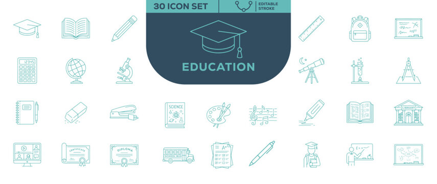 Education 30 Icon Set Editable Stroke Outline Vector Icons Collection for School Learning Academic and Knowledge Design