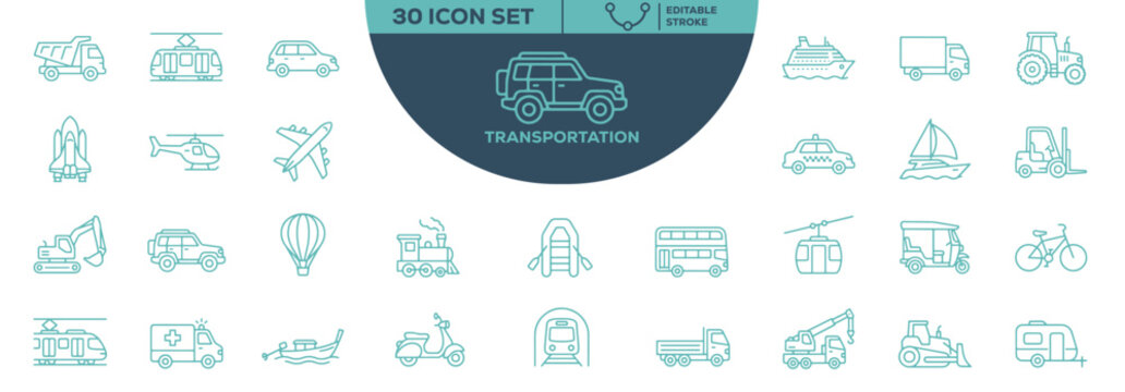 Transportation 30 Icon Set Editable Stroke Outline Vector Icons Collection for Travel Vehicle and Transport Design