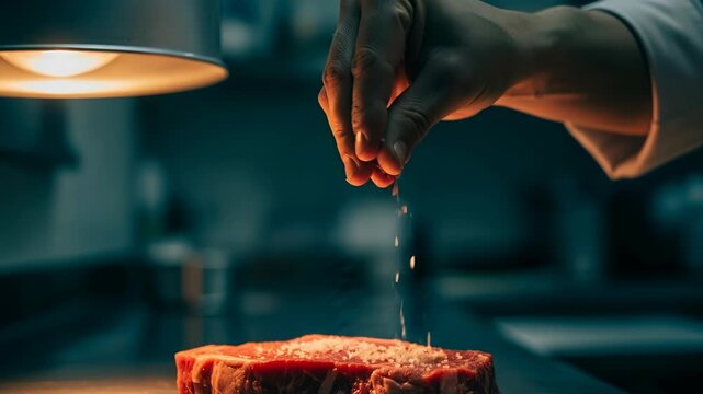 A chef sprinkles salt on a piece of meat in a kitchen as part of dinner prep at night