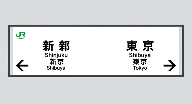 Japanese train station sign with directions to Shinjuku and Tokyo