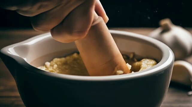 Garlic is crushed with a pestle in a mortar as the person prepares a paste for cooking in a kitchen