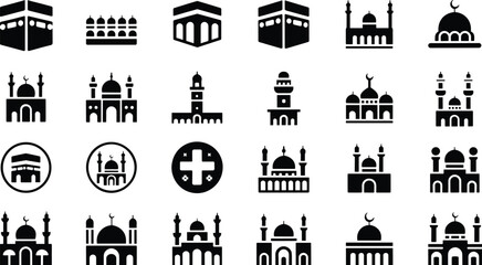 Black and white mosque architecture with domes and minarets © SUMAIA