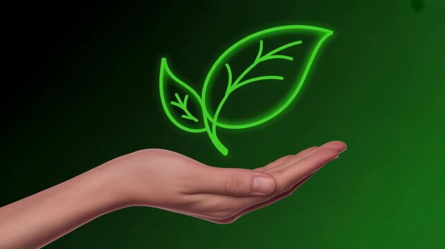 Hand controlling a single green leaf eco hologram icon 