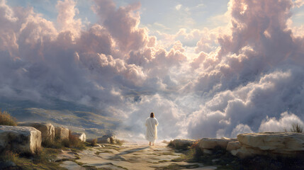 The resurrected Jesus ascending into heaven before the apostles as He rises through a radiant passage of light in the heavens while the apostles remain below in awe-filled contemplation, 