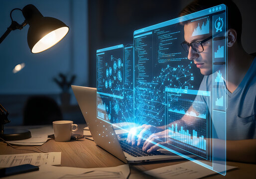 Young man working on laptop with futuristic digital interface