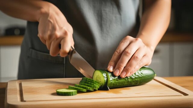 A person cuts a cucumber into even pieces using a knife on a wooden cutting board in a home kitchen