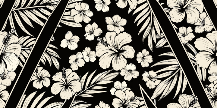 Elegant tropical hibiscus and palm leaf seamless pattern on black