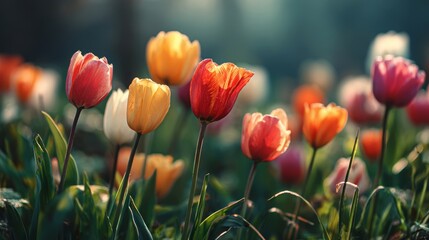 Fototapeta premium Colorful tulips blooming in garden during spring season with sunlight