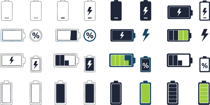 Battery Charge Level Icon Set with Power Indicators, Lightning Symbols, and Charging Status Graphics for Mobile Devices, Energy Monitoring, and Technology UI Design