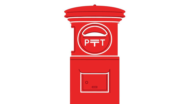 Red Post Box with PTT Logo, Classic Mailbox Design, Isolated on White