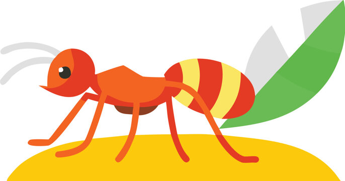 A cartoonish illustration of a red ant on a yellow surface with a green leaf