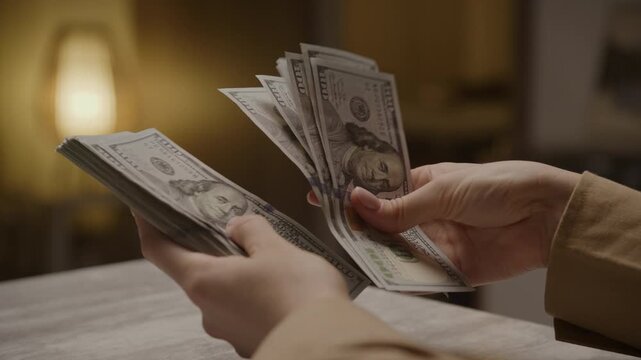 Hands counting hundred dollar bills indoors