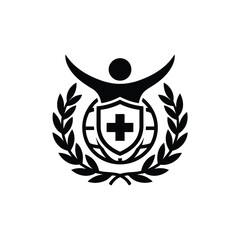 Obraz premium A person with outstretched arms standing behind a shield and laurel wreath symbolizing protection and achievement in a formal setting.