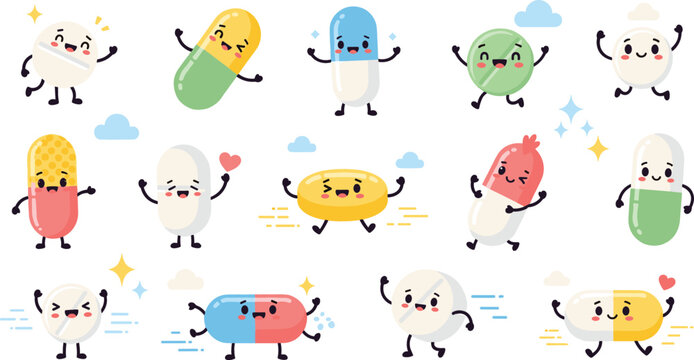 Cute Cartoon Medicine Pills Character Set with Happy Capsules, Tablets, and Funny Pharmaceutical Mascots for Healthcare Illustrations, Kids Medical Education, and Pharmacy Designs