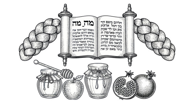 Jewish New Year Symbols: Torah Scroll, Honey Jars, Pomegranates, Apple