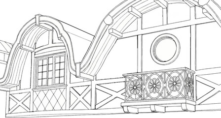 Obraz premium Ornate balcony and window on a building's facade, sketched outline