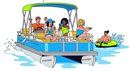 Pontoon Boat Fun: Diverse Group Enjoys Summer Lake Activity with Tubing © nad