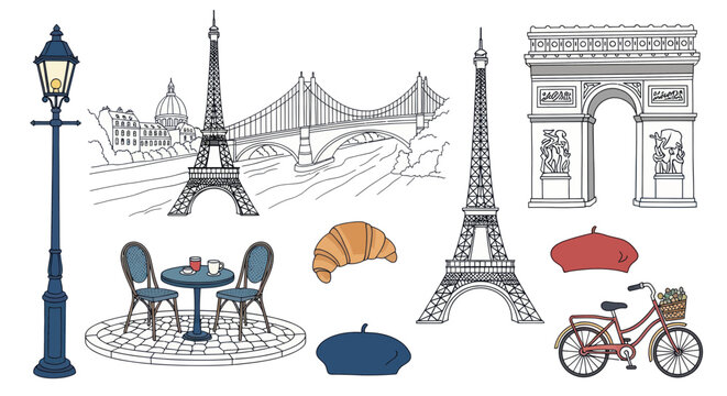 Parisian Icons: Eiffel Tower, Arc de Triomphe, Cafe, Croissant, Bicycle