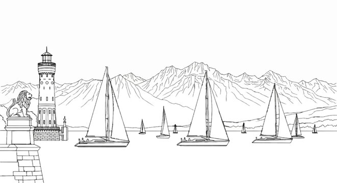 Sailboats navigate a bay with a lighthouse and lion statue against mountains
