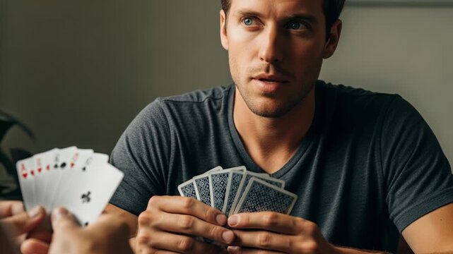 Two players engage in a card game indoors. They focus on their hands while thinking about their next moves