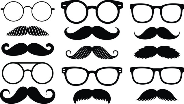 Collection of cartoon mustaches and glasses, hipster accessories, graphic elements