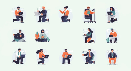 Collection of flat illustrations of people working on laptops in various poses