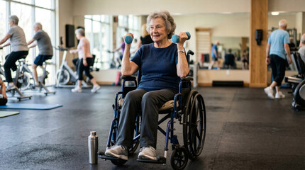 Obraz premium Elderly woman in wheelchair lifting dumbbells at gym. Senior athlete training upper body with weights. Inclusive fitness concept for mobility challenged individual, active lifestyle, wellness.